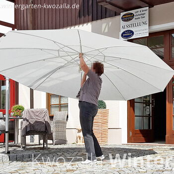 Nach dem Regen den Gartenschirm bei trockener Witterung so schnell wie möglich wieder aufzuspannen, damit er gut abtrocknen kann