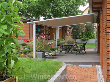 Pergola mit Markise, Textiles Terrassendach, seitliche Ansicht
